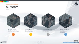 w w w . D o m a i n . c o m Page 139
www.MainSlide.com
© All Rights Reserved.
Confidential
our team
ABOUT OUR COMPANY
Hector Lucida
Chief of Technology
Junior Marcuss
Chief Manager
Lucie De Pierre
HR Manager
Franz Montage
Lead Graphic
Designer
 