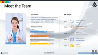 w w w . D o m a i n . c o m Page 145
www.MainSlide.com
© All Rights Reserved.
Confidential
Meet the Team
About Indra
Lorem Ipsum has been the industry's standard
dummy text ever since tzhe 1500s, when an
unknown printer took a galley of and
scrambled it to make a specimen book.
Professional Skills
1997 graduated from
Harvard
1998 Got an award from
GD Association
1999
Apply as
Mobile Development
2003
Move Division
Mobile Planner
NOW
Owner
Owltown
MsOffice
Making Coffee
Making Trouble
75%
80%
91%
Making Trouble
89%
My History
Programmer
 