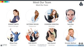 w w w . D o m a i n . c o m Page 2
www.MainSlide.com
© All Rights Reserved.
Confidential
Meet Our Team
Meet Our Team
ROBERT SMITH
General Manager
VICTORIA TAYLOR
Programmer
CHANDRA VANCOVA
Marketing
Tony Star
CEO
Alissa Tony
Promotion
SAM WHITE
Marketing
Jack Davied
Marketing
Kresstin Wellson
Marketing
 