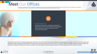 w w w . D o m a i n . c o m Page 30
www.MainSlide.com
© All Rights Reserved.
Confidential
Meet Our Offices• Lorem Ipsum is simply dummy text of the printing and setting industry. Lorem Ipsum has been the industry's standard dummy text ever since the 1500s, when an unknown printer took a galley
of and scrambled it to make a specimen book. It has survived not only five centuries, but also the leap into electronic setting.
Lorem ipsum dolor sit amet, consectetuer adipiscing elit, sed diam nonummy nibh euismod tincidunt ut laoreet dolore magna aliquam erat volutpat. Ut wisi enim ad minim veniam, quis
nostrud exerci tation ullamcorper suscipit lobortis nisl ut aliquip ex ea commodo consequat. Duis autem vel eum iriure dolor in hendrerit in vulputate velit esse molestie consequat, vel
illum dolore eu feugiat nulla facilisis at vero eros et accumsan et iusto odio dignissim qui blandit praesent luptatum zzril delenit augue duis dolore te feugait nulla facilisi.
Sample subtitle text
Lorem ipsum dolor sit amet, consectetuer adipiscing elit,
sed diam nonummy nibh euismod tincidunt ut laoreet dolore
magna aliquam erat volutpat. Ut wisi enim ad minim
veniam, quis nostrud exerci.
 