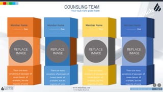 w w w . D o m a i n . c o m Page 41
www.MainSlide.com
© All Rights Reserved.
Confidential
COUNSLING TEAM
Member Name
Post
There are many
variations of passages of
Lorem Ipsum of
available, but the
majority of some
Member Name
Post
Member Name
Post
Member Name
Post
Your sub title goes here
There are many
variations of passages of
Lorem Ipsum of
available, but the
majority of some
There are many
variations of passages of
Lorem Ipsum of
available, but the
majority of some
There are many
variations of passages of
Lorem Ipsum of
available, but the
majority of some
 