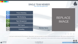 w w w . D o m a i n . c o m Page 43
www.MainSlide.com
© All Rights Reserved.
Confidential
SINGLE TEAM MEMBER
60
%
Product Marketing
80
%
Web Developing
70
%
Team Management
85
%
Sale Progress
90
%
Consulting
Lorem Ipsum is simply dummy text of the printing and setting industry. Lorem Ipsum has been the industry's standard dummy text ever since the 1500s, when an unknown printer took a
galley of and scrambled it to make a specimen book. It has survived not only five centuries, but also the leap into electronic setting.
Member Name
Post
Your sub title goes here
 