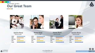 w w w . D o m a i n . c o m Page 46
www.MainSlide.com
© All Rights Reserved.
Confidential
Sandra Bond
CEO & Founder
Robert Bold
CEO & Founder
James Bond
CEO & Founder
Sandra Bond
CEO & Founder
Adobe
Vegas
Photoshop
Code
Design
Adobe
Vegas
Photoshop
Code
Design
Adobe
Vegas
Photoshop
Code
Design
Adobe
Vegas
Photoshop
Code
Design
Our Great Team
E x c h a n g e S l i d e s
 