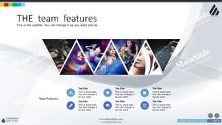 w w w . D o m a i n . c o m Page 54
www.MainSlide.com
© All Rights Reserved.
Confidential
THE team featuresThis is the subtitle. You can change it as you want and as
This is some text.
You can change it
as you want
The Title
This is some text.
You can change it
as you want
The Title
Team Features
This is some text.
You can change it
as you want
The Title
This is some text.
You can change it
as you want
The Title
This is some text.
You can change it
as you want
The Title
This is some text.
You can change it
as you want
The Title
 