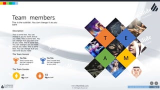 w w w . D o m a i n . c o m Page 61
www.MainSlide.com
© All Rights Reserved.
Confidential
Team members
This is the subtitle. You can change it as you
want
T E
MA
This is some text. You can
change it as you want and as
you need. This is some text. You
can change it as you want and
as you need. This is some text.
You can change it as you want
and as you need. This is some
text. You can change it as you
want and as you need
Description
The Team Honors
This is some text.
You can change it
as you want
The Title
This is some text.
You can change it
as you want
The Title
The Team Gender
Male Staff
45
% Female Staff
55
%
 