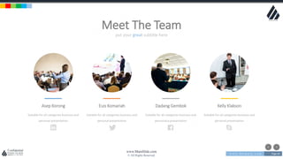 w w w . D o m a i n . c o m Page 64
www.MainSlide.com
© All Rights Reserved.
Confidential
put your great subtitle here
Meet The Team
Asep Korong
Suitable for all categories business and
personal presentation
Dadang Gembok
Suitable for all categories business and
personalca presentation
Kelly Klakson
Suitable for all categories business and
personal presentation
Euis Komariah
Suitable for all categories business and
personal presentation
 