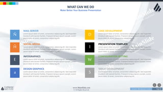 w w w . D o m a i n . c o m Page 69
www.MainSlide.com
© All Rights Reserved.
Confidential
WHAT CAN WE DO
Make Better Your Business Presentation
Ñ
Ĥ
a
E
MAIL SERVER
Lorem ipsum dolor sit amet, consectetur adipiscing elit. Sed imperdiet
tincidunt velit laoreet facilisis. Praesent tempus ipsum suscipit, Lorem
ipsum dolor sit amet, consectetur adipiscing elit.
SOCIAL MEDIA
Lorem ipsum dolor sit amet, consectetur adipiscing elit. Sed imperdiet
tincidunt velit laoreet facilisis. Praesent tempus ipsum suscipit, Lorem
ipsum dolor sit amet, consectetur adipiscing elit.
INFOGRAPHICS
Lorem ipsum dolor sit amet, consectetur adipiscing elit. Sed imperdiet
tincidunt velit laoreet facilisis. Praesent tempus ipsum suscipit, Lorem
ipsum dolor sit amet, consectetur adipiscing elit.
DESIGN GRAPHICS
Lorem ipsum dolor sit amet, consectetur adipiscing elit. Sed imperdiet
tincidunt velit laoreet facilisis. Praesent tempus ipsum suscipit, Lorem
ipsum dolor sit amet, consectetur adipiscing elit.
D
l
5
W
CODE DEVELOPMENT
Lorem ipsum dolor sit amet, consectetur adipiscing elit. Sed imperdiet
tincidunt velit laoreet facilisis. Praesent tempus ipsum suscipit, Lorem
ipsum dolor sit amet, consectetur adipiscing elit.
PRESENTATION TEMPLATE
Lorem ipsum dolor sit amet, consectetur adipiscing elit. Sed imperdiet
tincidunt velit laoreet facilisis. Praesent tempus ipsum suscipit, Lorem
ipsum dolor sit amet, consectetur adipiscing elit.
CONFIGURATION SETTING
Lorem ipsum dolor sit amet, consectetur adipiscing elit. Sed imperdiet
tincidunt velit laoreet facilisis. Praesent tempus ipsum suscipit, Lorem
ipsum dolor sit amet, consectetur adipiscing elit.
TABLET DEVELOPMENT
Lorem ipsum dolor sit amet, consectetur adipiscing elit. Sed imperdiet
tincidunt velit laoreet facilisis. Praesent tempus ipsum suscipit, Lorem
ipsum dolor sit amet, consectetur adipiscing elit.
 