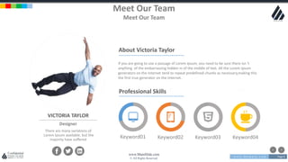 w w w . D o m a i n . c o m Page 8
www.MainSlide.com
© All Rights Reserved.
Confidential
Meet Our Team
Meet Our Team
VICTORIA TAYLOR
Designer
There are many variations of
Lorem Ipsum available, but the
majority have suffered
If you are going to use a passage of Lorem Ipsum, you need to be sure there isn 't
anything of the embarrassing hidden in of the middle of text. All the Lorem Ipsum
generators on the Internet tend to repeat predefined chunks as necessary,making this
the first true generator on the Internet.
Keyword01 Keyword02 Keyword03 Keyword04
About Victoria Taylor
Professional Skills
 