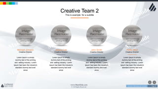 w w w . D o m a i n . c o m Page 87
www.MainSlide.com
© All Rights Reserved.
Confidential
Creative Team 2
This is example for a subtitle
Michael Johnson
Creative Director
Lorem Ipsum is simply
dummy text of the printing
and setting industry. Lorem
Ipsum has been the industry's
standard dummy text ever
since
Jessica Lee
Creative Director
Lorem Ipsum is simply
dummy text of the printing
and setting industry. Lorem
Ipsum has been the industry's
standard dummy text ever
since
John Smith
Creative Director
Lorem Ipsum is simply
dummy text of the printing
and setting industry. Lorem
Ipsum has been the industry's
standard dummy text ever
since
Petter Bool
Creative Director
Lorem Ipsum is simply
dummy text of the printing
and setting industry. Lorem
Ipsum has been the industry's
standard dummy text ever
since
 
