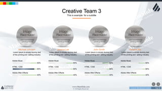 w w w . D o m a i n . c o m Page 88
www.MainSlide.com
© All Rights Reserved.
Confidential
Creative Team 3
This is example for a subtitle
Michael Johnson
Lorem Ipsum is simply dummy text
of the printing and setting industry.
Adobe Muse
60%
HTML / CSS
80%
Adobe After Effects
40%
Jessica Lee
Lorem Ipsum is simply dummy text
of the printing and setting industry.
Adobe Muse
60%
HTML / CSS
80%
Adobe After Effects
40%
John Smith
Lorem Ipsum is simply dummy text
of the printing and setting industry.
Adobe Muse
60%
HTML / CSS
80%
Adobe After Effects
40%
Karama Riz
Lorem Ipsum is simply dummy text
of the printing and setting industry.
Adobe Muse
60%
HTML / CSS
80%
Adobe After Effects
40%
 