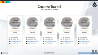 w w w . D o m a i n . c o m Page 90
www.MainSlide.com
© All Rights Reserved.
Confidential
Creative Team 5
This is example for a subtitle
Michael Johnson
Director
+125 45656 554
+125 656987 989
yourmail@domain.com
www.website.com
Jessica Lee
Executive
+125 45656 554
+125 656987 989
yourmail@domain.com
www.website.com
John Smith
Designer
+125 45656 554
+125 656987 989
yourmail@domain.com
www.website.com
Karama Riz
Developer
+125 45656 554
+125 656987 989
yourmail@domain.com
www.website.com
Petter Bool
Marketing
+125 45656 554
+125 656987 989
yourmail@domain.com
www.website.com
 
