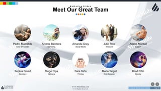 w w w . D o m a i n . c o m Page 93
www.MainSlide.com
© All Rights Reserved.
Confidential
M a r k e t i n g S l i d e s
Meet Our Great Team
Diego Pipa
Cafeteria
Sara Sirta
Printing
Maria Target
Web Designer
Brad Pitto
Director
Sophia Bread
Secretary
Andres Bandera
Marketing
Amanda Gray
Social Media
Julio Risk
Imbound
Ariana Montiel
Support
Pedro Mainslide
CEO & Founder
 