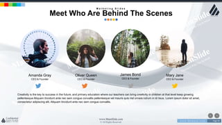w w w . D o m a i n . c o m Page 94
www.MainSlide.com
© All Rights Reserved.
Confidential
Amanda Gray
CEO & Founder
Oliver Queen
CEO & Founder
James Bond
CEO & Founder
Mary Jane
CEO & Founder
Creativity is the key to success in the future, and primary education where our teachers can bring creativity in children at that level keep growing
pellentesque Aliquam tincidunt ante nec sem congue convallis pellentesque vel mauris quis nisl ornare rutrum in id risus. Lorem ipsum dolor sit amet,
consectetur adipiscing elit. Aliquam tincidunt ante nec sem congue convallis.
M a r k e t i n g S l i d e s
Meet Who Are Behind The Scenes
 