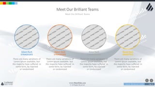 w w w . D o m a i n . c o m Page 96
www.MainSlide.com
© All Rights Reserved.
Confidential
Adam Dark
STRAGEGIES
There are many variations of
Lorem Ipsum available, but
the majority have suffered in
some form, by injected
or randomized
Adam Dark
STRAGEGIES
There are many variations of
Lorem Ipsum available, but
the majority have suffered in
some form, by injected
or randomized
Anna Dark
COMPARISON
There are many variations of
Lorem Ipsum available, but
the majority have suffered in
some form, by injected
or randomized
Raual Dark
ANALYTICS
There are many variations of
Lorem Ipsum available, but
the majority have suffered in
some form, by injected
or randomized
Meet Our Brilliant Teams
Meet Our Brilliant Teams
 