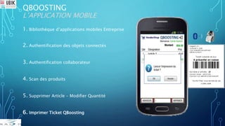 QBOOSTING
L’APPLICATION MOBILE
1. Bibliothèque d’applications mobiles Entreprise
2. Authentification des objets connectés
3. Authentification collaborateur
4. Scan des produits
5. Supprimer Article – Modifier Quantité
6. Imprimer Ticket QBoosting
 