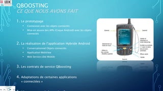 QBOOSTING
CE QUE NOUS AVONS FAIT
1. Le prototypage
• Connexion avec les objets connectés
• Mise en œuvre des APIs (Coque Android) avec les objets
connectés
2. La réalisation de l’application Hybride Android
• Conversationnel Objets connectés
• Application WebView
• Web Service côté Mobile
3. Les contrats de service QBoosting
4. Adaptations de certaines applications
« connectées »
 