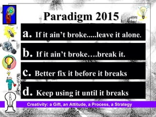 Paradigm 2015 a.  If it ain’t broke.....leave it alone . b.  If it ain’t broke….break it.  c.  Better fix it before it breaks d.  Keep using it until it breaks 