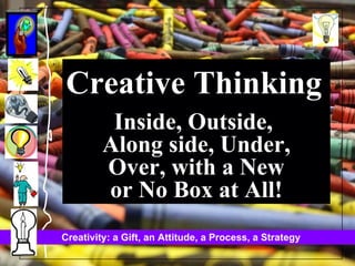 Creative Thinking   Inside, Outside,  Along side, Under, Over, with a New or No Box at All! 