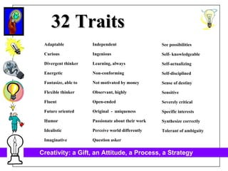 32 Traits See possibilities Self- knowledgeable Self-actualizing Self-disciplined Sense of destiny Sensitive Severely critical  Specific interests Synthesize correctly  Tolerant of ambiguity Adaptable Curious Divergent thinker Energetic Fantasize, able to Flexible thinker Fluent Future oriented Humor Idealistic Imaginative Independent Ingenious Learning, always Non-conforming Not motivated by money Observant, highly Open-ended Original  -  uniqueness Passionate about their work Perceive world differently Question asker 