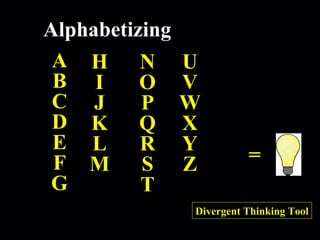 = Divergent Thinking Tool Alphabetizing A B C D E F G H I J K L M N O P Q R S T U V W X Y Z 