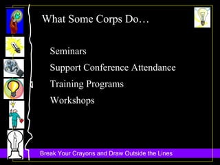 Seminars Support Conference Attendance Training Programs Workshops What Some Corps Do… 