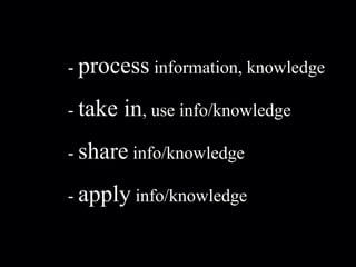 -  process  information, knowledge -  take in , use info/knowledge -  share  info/knowledge -  apply  info/knowledge 