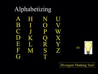 = Divergent Thinking Tool Alphabetizing A B C D E F G H I J K L M N O P Q R S T U V W X Y Z 