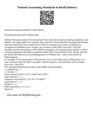 National Accounting Standards in Retail Industry
national accounting standards in retail industry
Evaluating International Company under
Abstract This paper analyses the international firms under the national accounting standard in retail
industry. The study applies two typically firms which are Woolworths from Australia and Walmart
from the United States and compare the two firms in 4 perspectives. Firstly, the different in
recognition of intangible assets, revenue, tax, inventory under IFRS (Aus) and U.S.GAAP.
Secondly, describe consequence of the different recognition of accounting items and how it affects
to financial statement and different regulation under AISC (Aus) and SEC (US). Thirdly, describe
the factors that influence the accounting practices of Walmart and ... Show more content on
Helpwriting.net ...
For example, in the annual report of Woolworth s limit, which follows the A IFRS mostly, it is
easy to discover from the table 1 and table 2, that the expenses of amortization will be counted
every year. Table 2011,
|2011 |goodwill |Brand name |Liquor, petrol |Other |Total intangible |
| | | |and gaming | | |
| | | |licenses | | |
|Carry amount at |3078.2 |237.1 |1689.5 |66.2 |5071 |
|start of period | | | | | |
|Additions arise from|251.1 |4.5 |19.7 |5.4 |280.7 |
|acquisition of | | | | | |
|business | | | | | |
|Other acquisition | | |2.2 | |2.2 |
|disposal | |
... Get more on HelpWriting.net ...
 