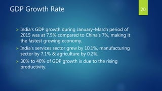 GDP Growth Rate
 India's GDP growth during January–March period of
2015 was at 7.5% compared to China's 7%, making it
the fastest growing economy.
 India's services sector grew by 10.1%, manufacturing
sector by 7.1% & agriculture by 0.2%.
 30% to 40% of GDP growth is due to the rising
productivity.
20
 