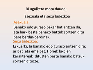 Bi ugalketa mota daude:
       asexuala eta sexu bidezkoa
Asexuala:
Banako edo guraso bakar bat aritzen da,
eta hark beste banako batzuk sortzen ditu
bere berdin-berdinak.
Sexu bidezkoa:
Eskuarki, bi banako edo guraso aritzen dira:
ar bat eta eme bat. Horiek bi-bien
karaktereak dituzten beste banako batzuk
sortzen dituzte.
 