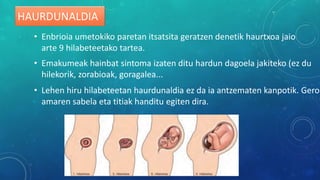 HAURDUNALDIA
• Enbrioia umetokiko paretan itsatsita geratzen denetik haurtxoa jaio
arte 9 hilabeteetako tartea.
• Emakumeak hainbat sintoma izaten ditu hardun dagoela jakiteko (ez du
hilekorik, zorabioak, goragalea...
• Lehen hiru hilabeteetan haurdunaldia ez da ia antzematen kanpotik. Gero
amaren sabela eta titiak handitu egiten dira.
 