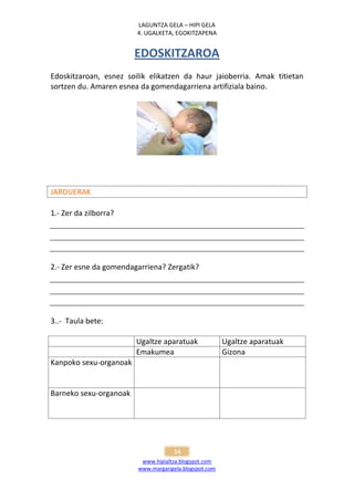 LAGUNTZA GELA – HIPI GELA
                        4. UGALKETA, EGOKITZAPENA


                        EDOSKITZAROA
Edoskitzaroan, esnez soilik elikatzen da haur jaioberria. Amak titietan
sortzen du. Amaren esnea da gomendagarriena artifiziala baino.




JARDUERAK

1.- Zer da zilborra?




2.- Zer esne da gomendagarriena? Zergatik?




3..- Taula bete:

                        Ugaltze aparatuak              Ugaltze aparatuak
                        Emakumea                       Gizona
Kanpoko sexu-organoak


Barneko sexu-organoak




                                    14
                         www.hipialtza.blogspot.com
                        www.margarigela.blogspot.com
 