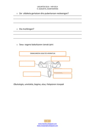 LAGUNTZA GELA – HIPI GELA
                        4. UGALKETA, EGOKITZAPENA

   o Zer aldaketa gertatzen dira pubertaroan neskeengan?




   o Eta mutilengan?




   o Sexu- organo bakoitzaren izenak ipini:


                 EMAKUMEEN UGALTZE APARATUA




Obulutegia, umetokia, bagina, alua, Falopioren tronpak




                                      7
                          www.hipialtza.blogspot.com
                         www.margarigela.blogspot.com
 
