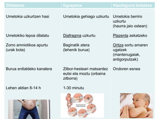Dilatazioa Egozpena Haurlaguna botatzea
Umetokia uzkurtzen hasi
Umetokiko lepoa dilatatu
Zorro amniotikoa apurtu
(urak bota)
Burua erdialdeko kanalera
Lehen aldian 8-14 h
Umetokia gehiago uzkurtu
Diafragma uzkurtu
Baginatik atera
(lehenik burua)
Zilbor-hesteari matxardez
eutsi eta moztu (orbaina
zilborra)
1-30 minutu
Umetokia berriro
uzkurtu
(haurra jaio ostean)
Plazenta askatzeko
Oritza sortu amaren
ugatzek
(mantenugaiak,
antigorputzak)
Ondoren esnea
 