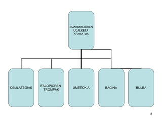 8
EMAKUMEZKOEN
UGALKETA
APARATUA
OBULATEGIAK
FALOPIOREN
TROMPAK
UMETOKIA BAGINA BULBA
 