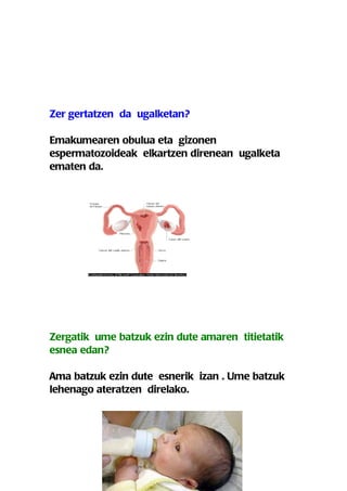 Zer gertatzen da ugalketan?

Emakumearen obulua eta gizonen
espermatozoideak elkartzen direnean ugalketa
ematen da.




Zergatik ume batzuk ezin dute amaren titietatik
esnea edan?

Ama batzuk ezin dute esnerik izan . Ume batzuk
lehenago ateratzen direlako.
 