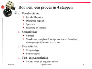Bouwen: een proces in 4 stappen 02-06-09 Ugame-Ulearn Voorbereiding Leerdoel bepalen Doelgroep bepalen Spelvorm Spanning en sensatie Scenariofase   Verhaal Moodboard, storyboard, design document, flowchart, scoringsmogelijkheden, levels,  enz. Productiefase   Testprototype Samenvoegen Test- en evaluatiefase  Testen, testen en nog eens testen 