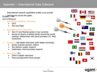 International research capabilities enable us to provide 24*7 service across the globe Quantitative telephone interviews: CATI  Pen and Paper  Quantitative online interviews: Own IT and Medical panels in key countries Access to dozens of global panels around the world, strategic relationships with panel providers (IT, Med, Consumer). Qualitative  tele-depth interviews (with digital recording): Senior business decision makers Key Opinion Leader research Exploratory interviews/desk research  Recruitment   for: Client in-depth interviews Focus groups/online focus groups Appendix – International Data Collection 