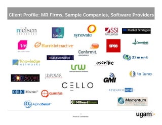 Client Profile: MR Firms, Sample Companies, Software Providers




                                     11
                           Private & Confidential
 