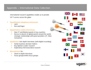 Appendix – International Data Collection

  International research capabilities enable us to provide
  24*7 service across the globe


  Quantitative telephone interviews:
      CATI
      Pen and Paper

  Quantitative online interviews:
      Own IT and Medical panels in key countries
      Access to dozens of global panels around the world,
      strategic relationships with panel providers (IT, Med,
      Consumer).

  Qualitative tele-depth interviews (with digital recording):
       Senior business decision makers
       Key Opinion Leader research
       Exploratory interviews/desk research

  Recruitment for:
      Client in-depth interviews
      Focus groups/online focus groups




                                                        21
                                              Private & Confidential
 