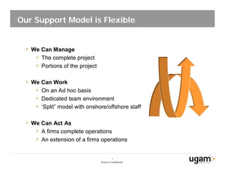 Our Support Model is Flexible


   We Can Manage
      The complete project
      Portions of the project

   We Can Work
      On an Ad hoc basis
      Dedicated team environment
      ‘Split” model with onshore/offshore staff

   We Can Act As
      A firms complete operations
      An extension of a firms operations


                                           8
                                Private & Confidential
 