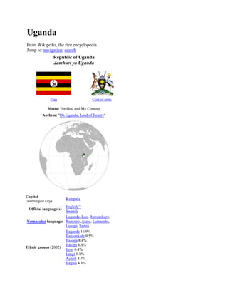 Uganda
From Wikipedia, the free encyclopedia
Jump to: navigation, search
                     Republic of Uganda
                     Jamhuri ya Uganda




                Flag                   Coat of arms

               Motto: For God and My Country
           Anthem: "Oh Uganda, Land of Beauty"




Capital
                          Kampala
(and largest city)
                     English[1]
  Official language(s)
                     Swahili
                     Luganda, Luo, Runyankore,
Vernacular languages Runyoro, Ateso, Lumasaba,
                     Lusoga, Samia
                     Baganda 16.9%
                     Banyankole 9.5%
                     Basoga 8.4%
                     Bakiga 6.9%
Ethnic groups (2002)
                     Iteso 6.4%
                     Langi 6.1%
                     Acholi 4.7%
                     Bagisu 4.6%
 