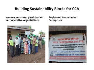 Building Sustainability Blocks for CCA
Women enhanced participation
in cooperative organisations
Registered Cooperative
Enterprises
 
