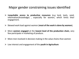 Major gender constraining issues identified
 Inequitable access to productive resources (e.g land, tools, seed,
information/knowledge) , especially for women, which limits their
engagement.
 Skewed work load against women (most of the work is done by women).
 More women engaged at the lowest level of the production chain, very
few participate in marketing of produce.
 More men involved in decision making in the value chains than women
 Low interest and engagement of the youth in Agriculture
 