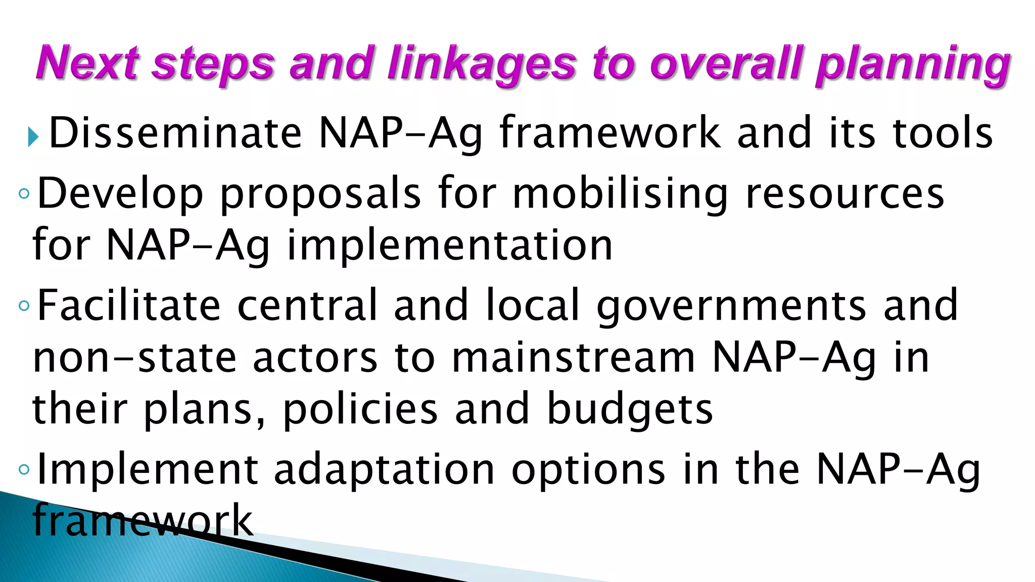  Disseminate NAP-Ag framework and its tools
◦Develop proposals for mobilising resources
for NAP-Ag implementation
◦Facilitate central and local governments and
non-state actors to mainstream NAP-Ag in
their plans, policies and budgets
◦Implement adaptation options in the NAP-Ag
framework
 