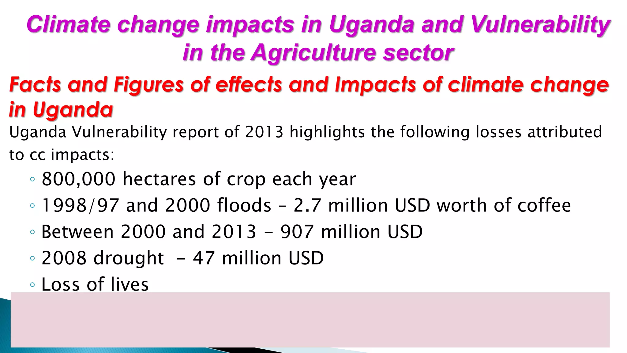 Facts and Figures of effects and Impacts of climate change
in Uganda
Uganda Vulnerability report of 2013 highlights the following losses attributed
to cc impacts:
◦ 800,000 hectares of crop each year
◦ 1998/97 and 2000 floods – 2.7 million USD worth of coffee
◦ Between 2000 and 2013 - 907 million USD
◦ 2008 drought - 47 million USD
◦ Loss of lives
Climate change impacts in Uganda and Vulnerability
in the Agriculture sector
 