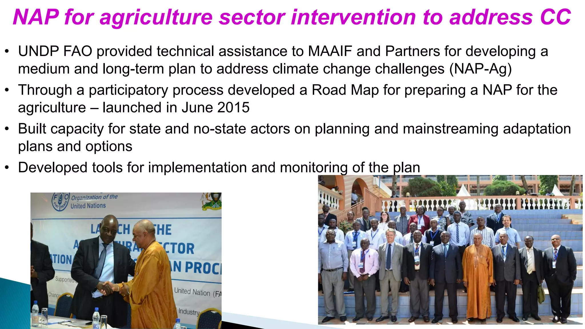 NAP for agriculture sector intervention to address CC
• UNDP FAO provided technical assistance to MAAIF and Partners for developing a
medium and long-term plan to address climate change challenges (NAP-Ag)
• Through a participatory process developed a Road Map for preparing a NAP for the
agriculture – launched in June 2015
• Built capacity for state and no-state actors on planning and mainstreaming adaptation
plans and options
• Developed tools for implementation and monitoring of the plan
 