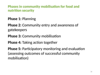 18
Phases in community mobilisation for food and
nutrition security
Phase 1: Planning
Phase 2: Community entry and awareness of
gatekeepers
Phase 3: Community mobilisation
Phase 4: Taking action together
Phase 5: Participatory monitoring and evaluation
(assessing outcomes of successful community
mobilisation)
 