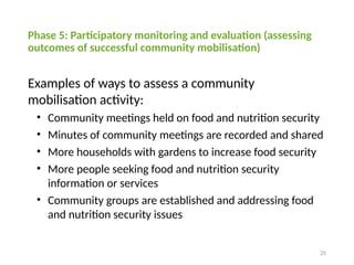 25
Phase 5: Participatory monitoring and evaluation (assessing
outcomes of successful community mobilisation)
Examples of ways to assess a community
mobilisation activity:
• Community meetings held on food and nutrition security
• Minutes of community meetings are recorded and shared
• More households with gardens to increase food security
• More people seeking food and nutrition security
information or services
• Community groups are established and addressing food
and nutrition security issues
 