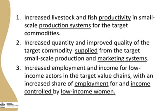 1. Increased livestock and fish productivity in small-
scale production systems for the target
commodities.
2. Increased q...